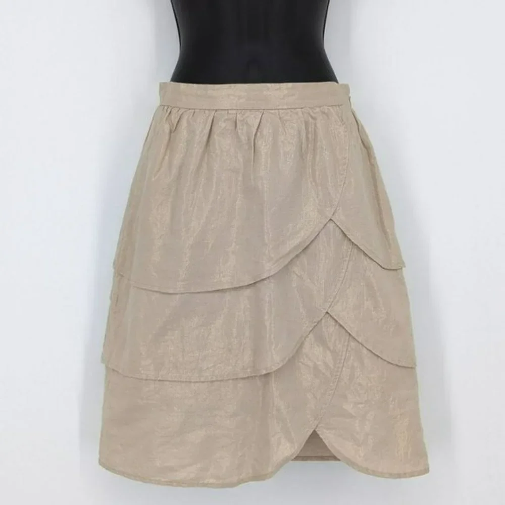 Anthropologie Edme & Esyllte Gilded Lily Tiered Skirt 0 Gold Shimmer Lined Slit